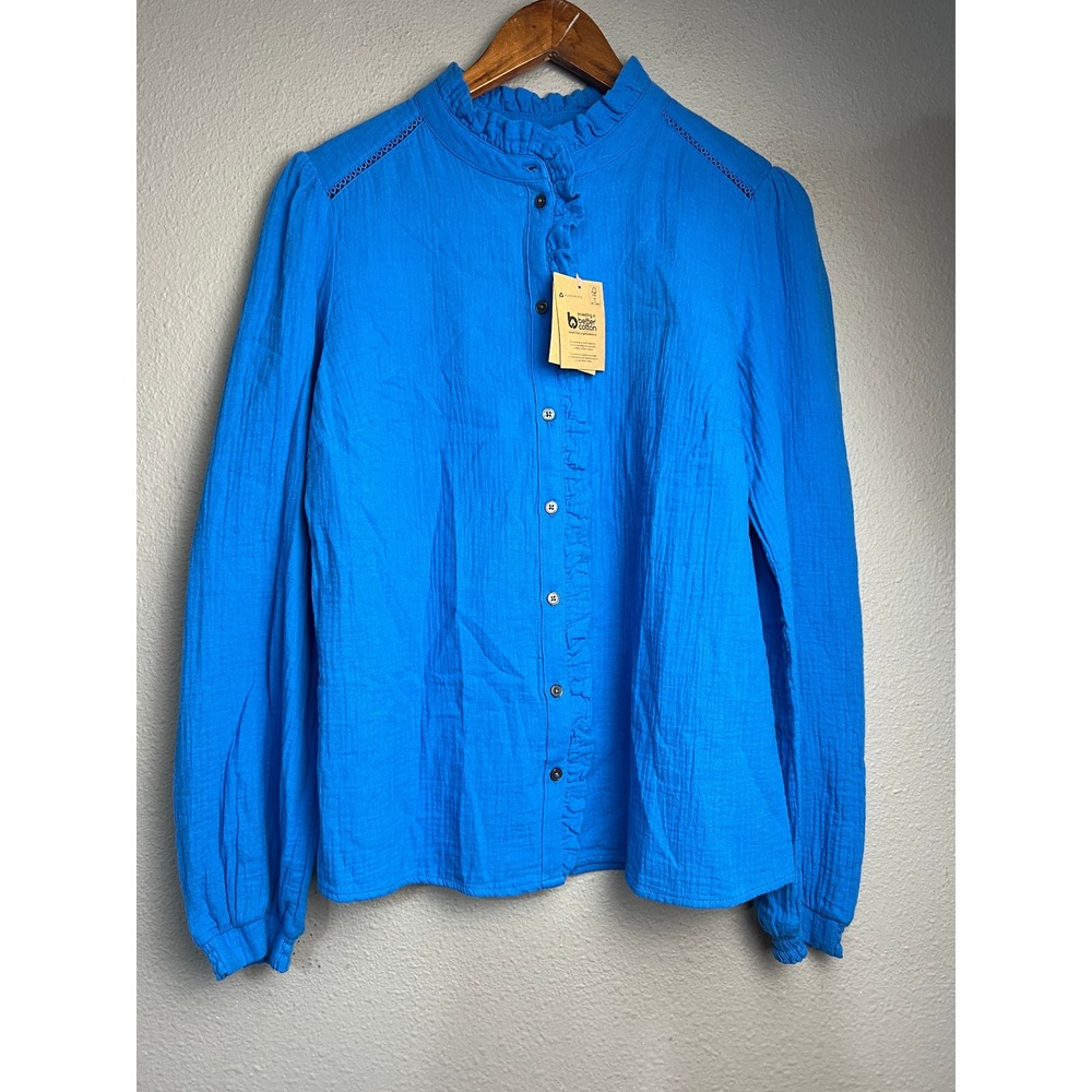 Boden Helena Double Cotton Top T1902 Blue Ruffle Neck Blouse US 8 NEW
